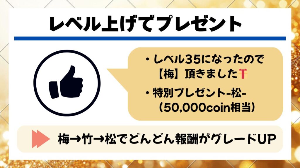 オリくじのレベル報酬（梅・竹・松）を解説した画像