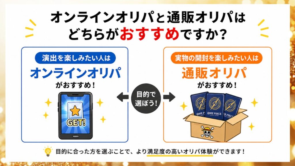 オンラインオリパと通販オリパの違いを目的別に比較した画像