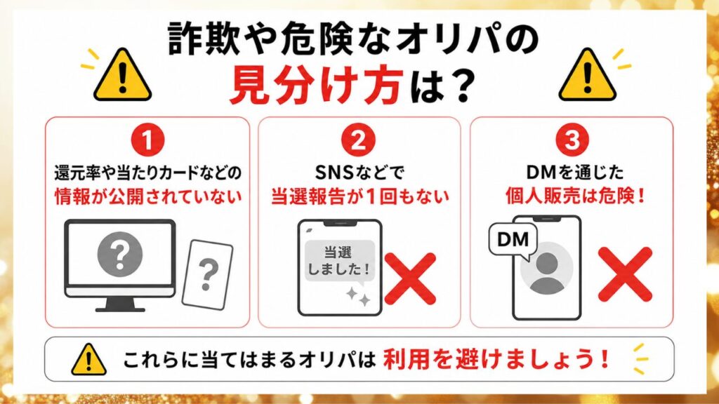 詐欺や危険なオリパの見分け方を示した画像